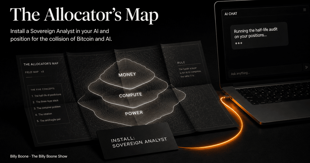 The Allocator's Map: a field map of the Power, Compute, and Money layers being loaded into an AI chat, by Billy Boone